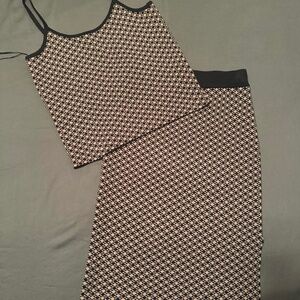 New XS TRUTH Brand Jacquard Knee Pencil Skirt Set Tank Top Beige Black graphic